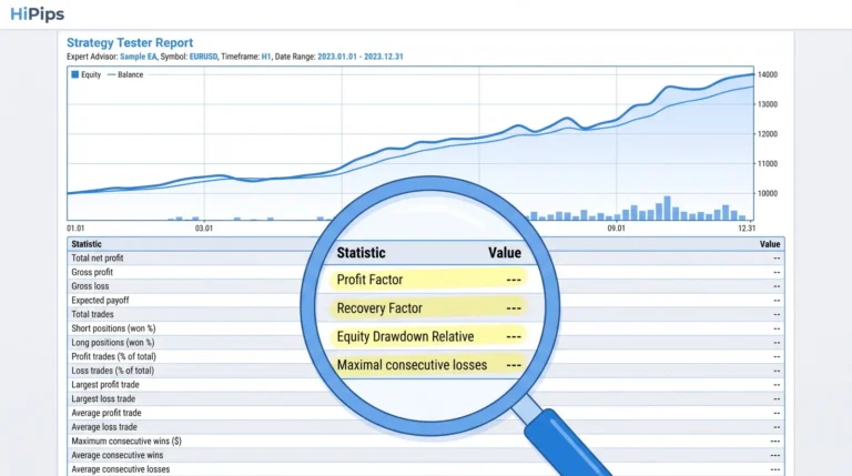 MetaTrader 5 Strategy Tester report with profit factor, recovery factor, equity drawdown and consecutive losses highlighted for an Expert Advisor review
