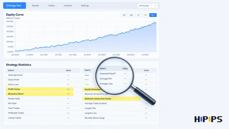 MetaTrader 5 Strategy Tester report with profit factor, recovery factor, equity drawdown and consecutive losses highlighted for an Expert Advisor review