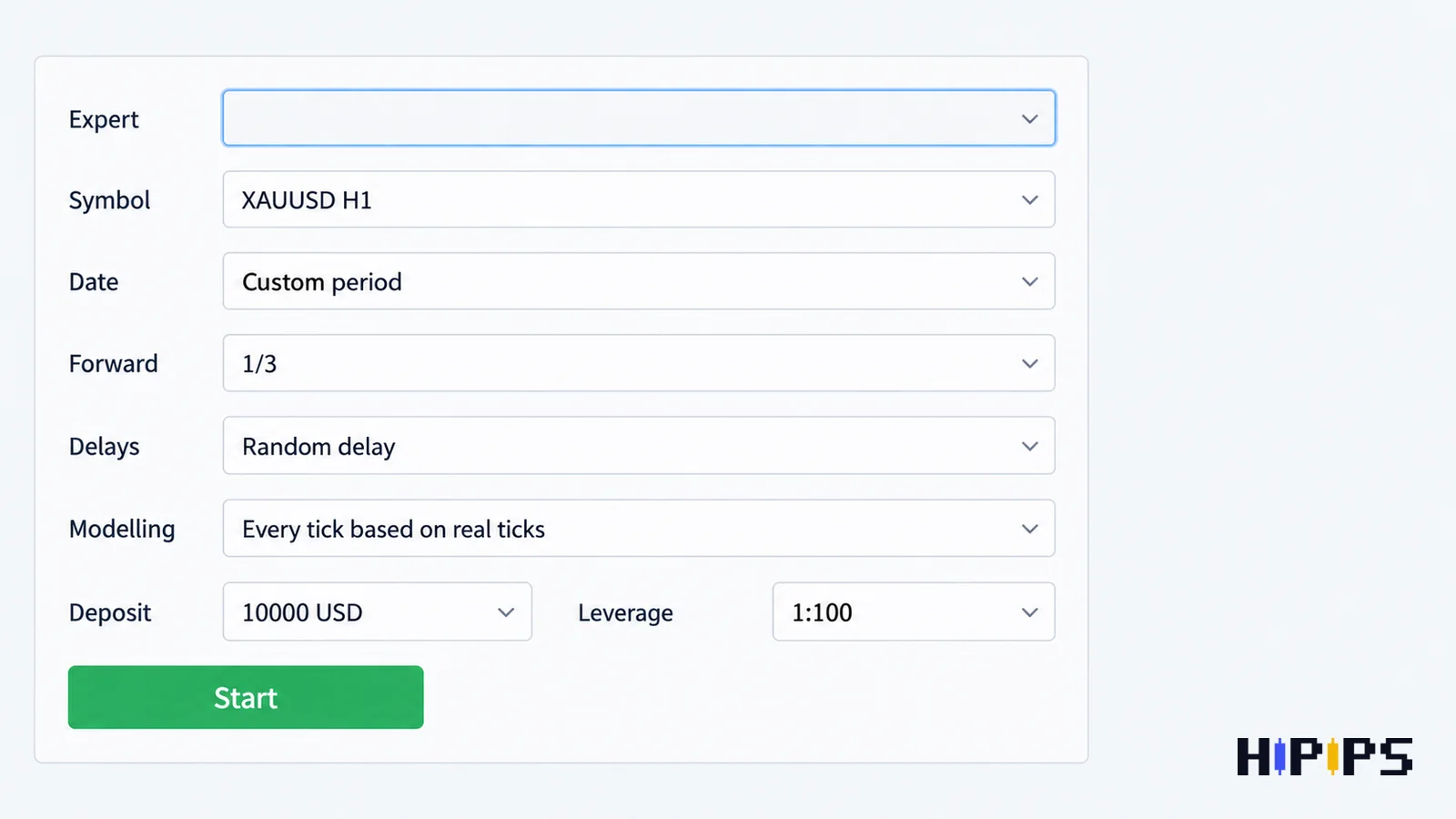 MetaTrader 5 Strategy Tester settings with Expert Advisor, symbol, date range, forward period, delay and real ticks modelling selected