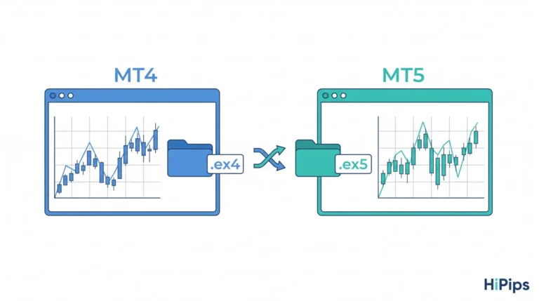 MetaTrader 4 and MetaTrader 5 terminals side by side, each running an Expert Advisor, with ex4 and ex5 file icons under each platform