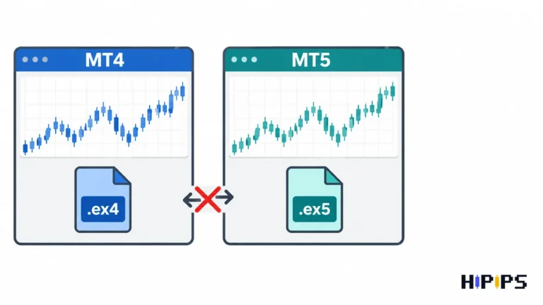MetaTrader 4 and MetaTrader 5 terminals side by side, each running an Expert Advisor, with ex4 and ex5 file icons under each platform