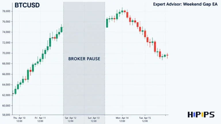 BTCUSD chart in MetaTrader 5 with a shaded weekend pause and a price gap after trading resumes, next to an Expert Advisor label