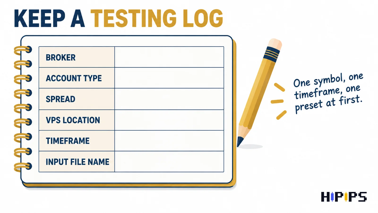 Testing log template with broker, account type, spread, VPS location, timeframe and input file name