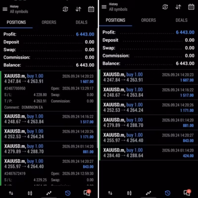 DOMINION EA MT5 trading history screenshots