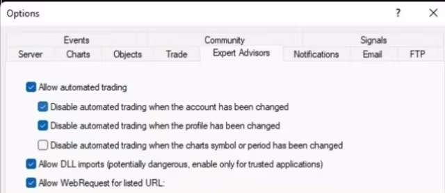 MetaTrader 5 Expert Advisor installation settings