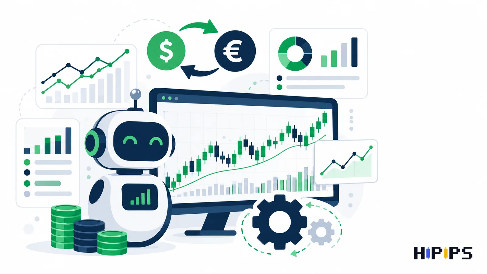 illustration of a trading robot beside bar charts and a magnifying glass over a data table, representing forex robot statistics