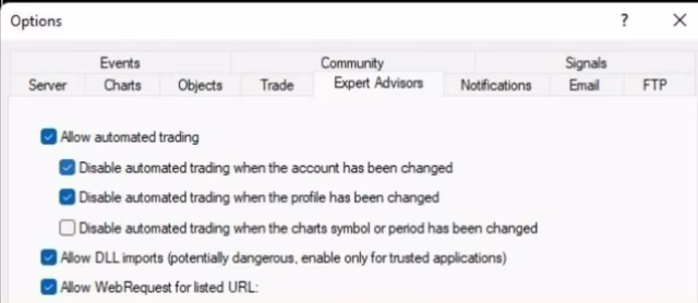 MetaTrader 5 Expert Advisor installation settings